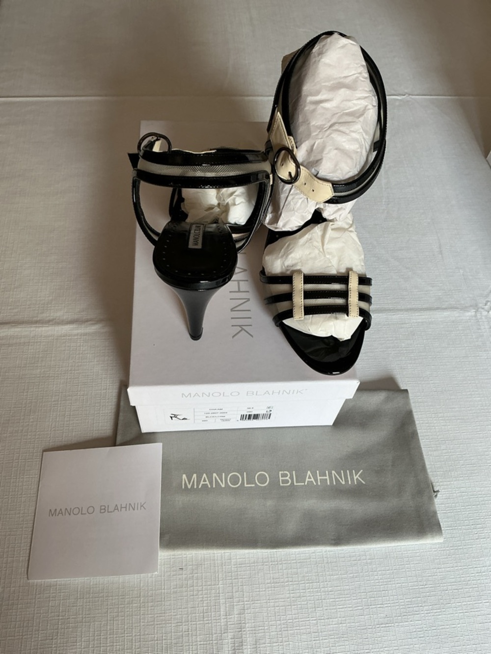 Manolo Blahnik CHA’AM Black and Beige Strappy Patent Leather Heels. NIB - Picture 5 of 5